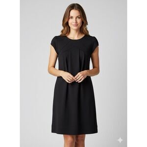 Anthropologie Black Ponte Knit Shift Dress Button Back Pleated Cap Sleeve Small